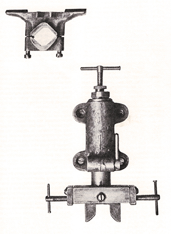 Pope machine rest hardware, made to be bolted (front and rear) to a heavy plank or shooting bench. Photo from Yours Truly, Harvey Donaldson, published by Wolfe Publishing Company.